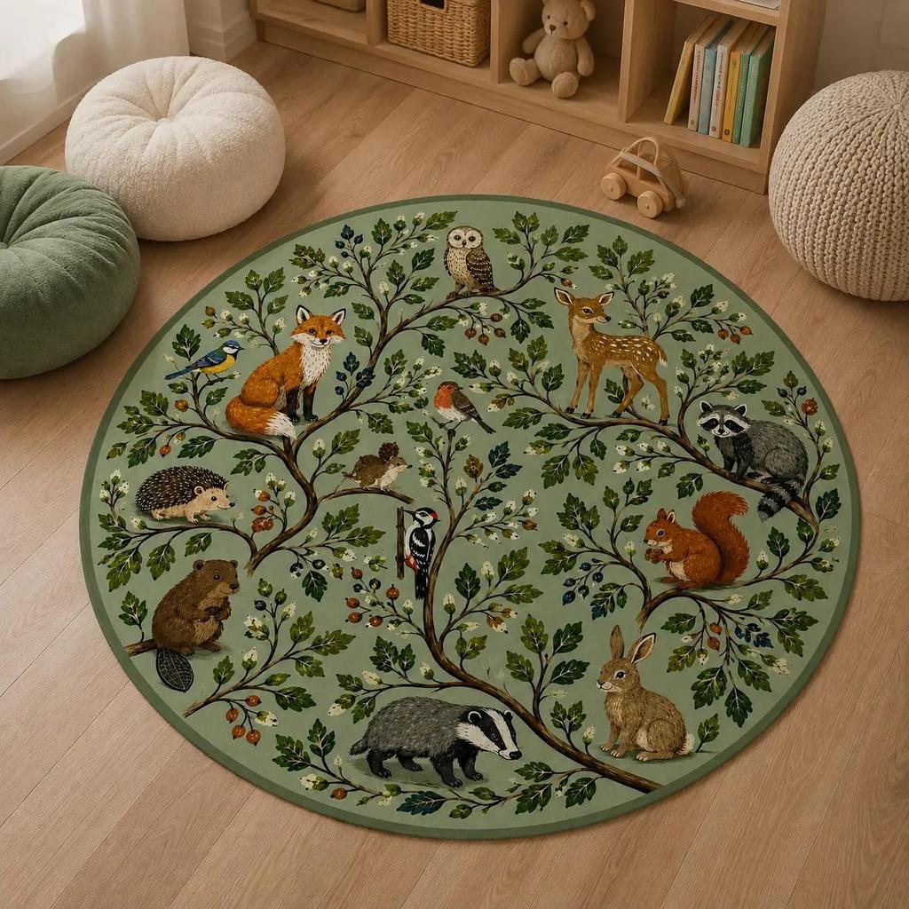 Boho Nursery Rug Forest Animals Moon Stars Woodland Decor Round Area Mat for Kids Room Nursery