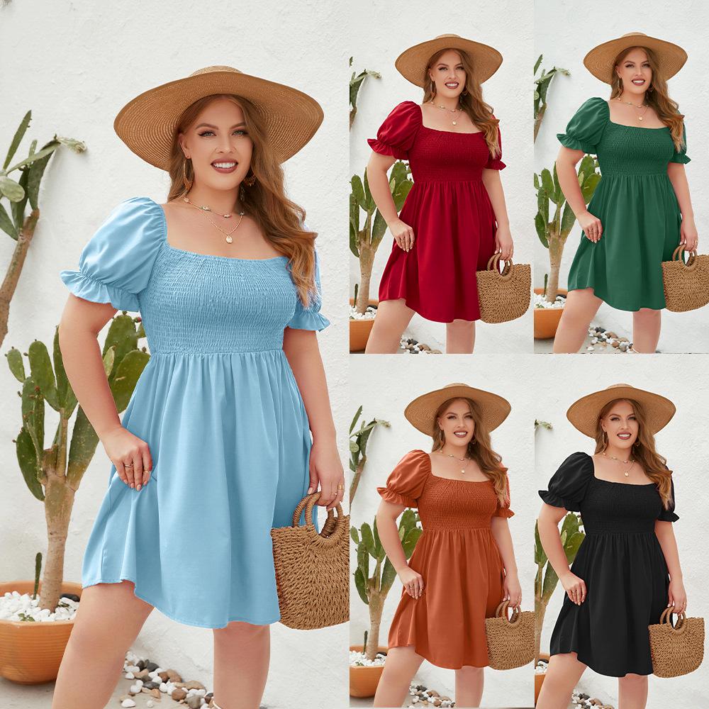 Plus Size Solid Color Casual Square Neck Vacation Dress with Smocked Puff Sleeves