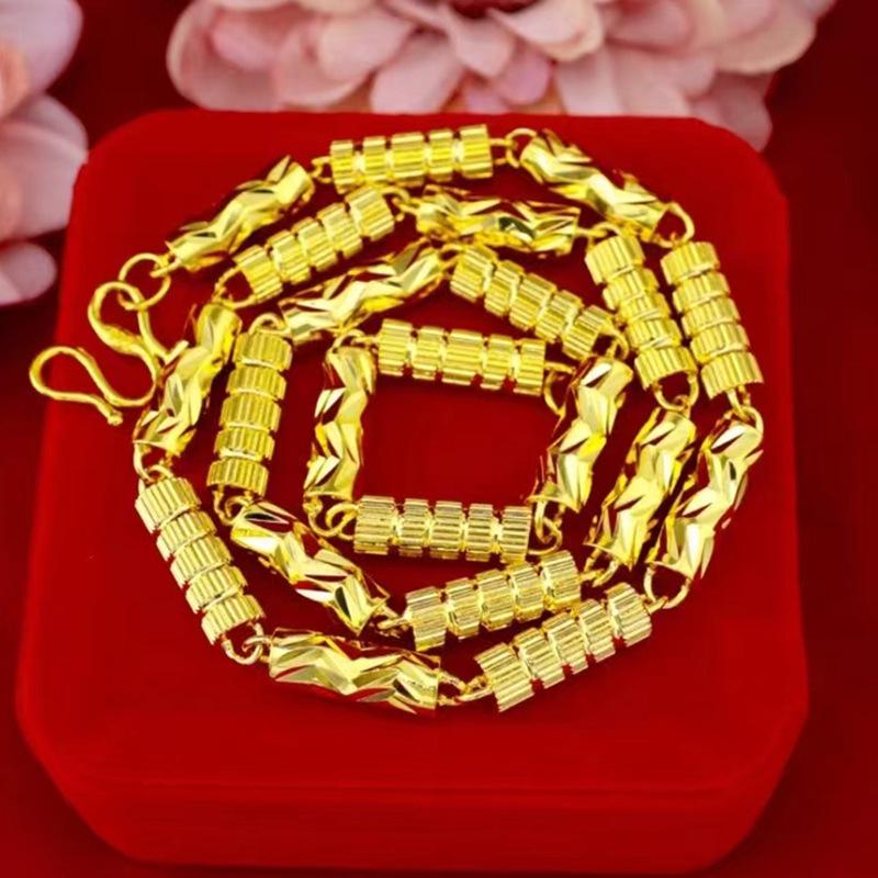 Collana esagonale in bambù color oro sabbia del Vietnam per uomo, placcata oro in ottone, design floreale intagliato, regolabile.