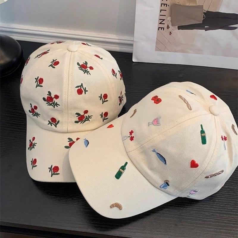 Kawaii Embroidery Baseball Cap for Women Aesthetic Food & Wine Pattern Soft Cotton Adjustable Dad Hat Summer Outdoor Sunshade Cap