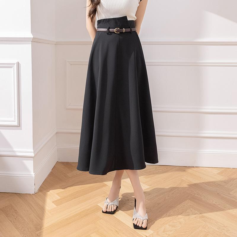Elegant High Waist A Line Skirt Women Midi Flared Skirt Office Long Skirts Slim