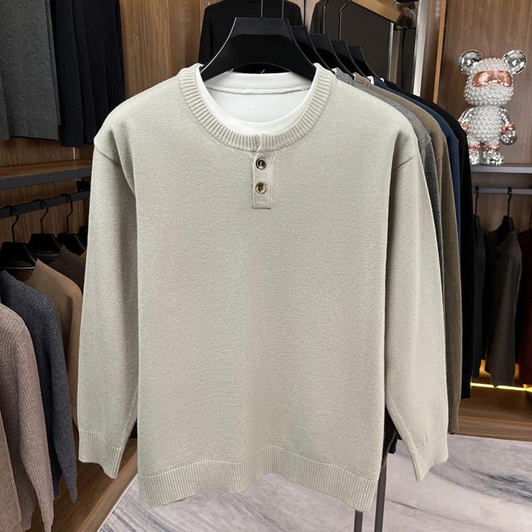 Men's Summer 2025 Heavyweight Henley Collar Two-Piece Look Short Sleeve Casual Knit Sweater