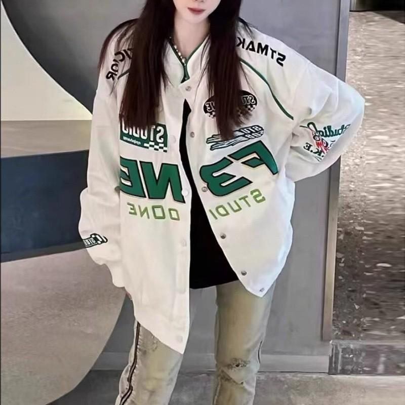 Womens High Street Biker Jacket Style Embroidered Baseball Coat