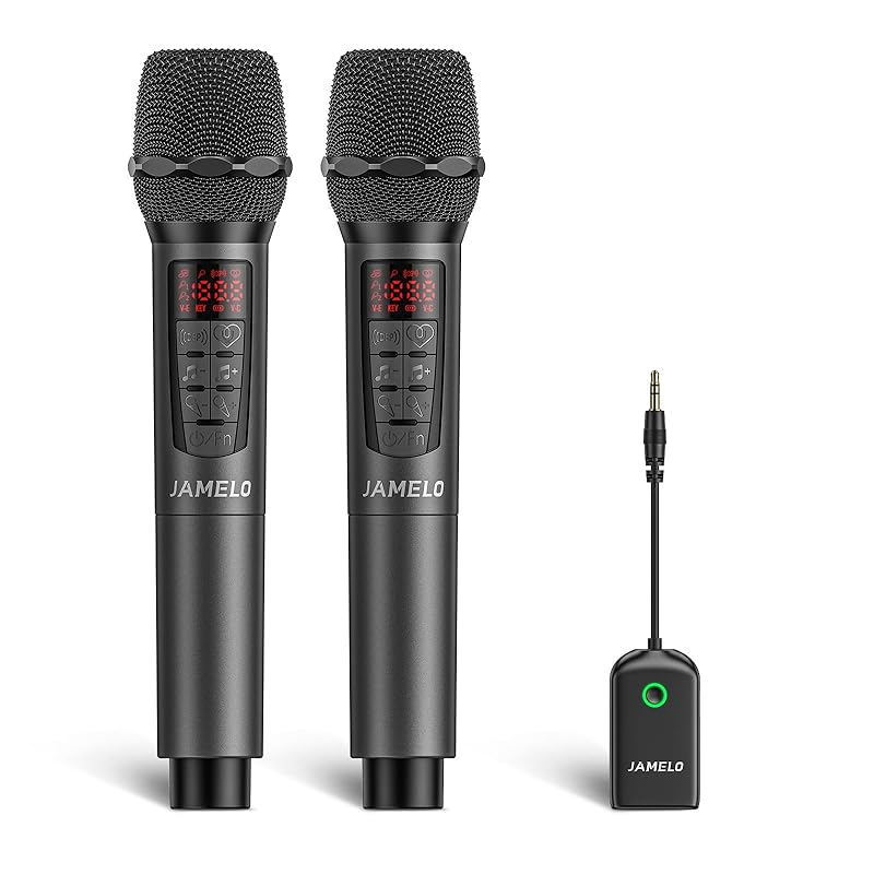 

JAMELO wireless microphone rechargeable dynamic microphone 2.4GHz 6 reverb modes microphone With 3.5MM receiver treble quality receiver 1/8” output