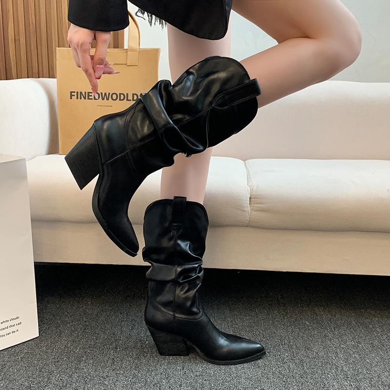 Autumn new western boots pointed middle boots large size thick heel pleated knight boots women