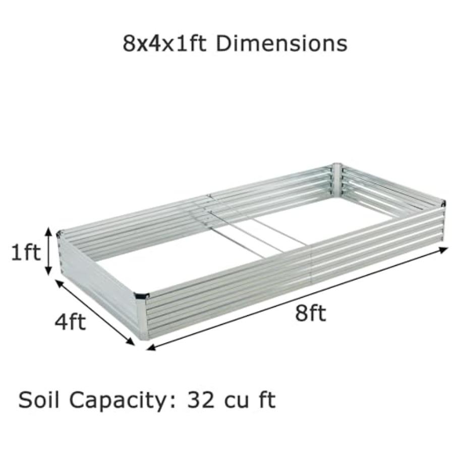 8x4x1ft 2 PCS Galvanized Raised Garden Bed Outdoor Planter Box Metal Patio Kit Planting Bed for Vegetables Flowers Herb Silver