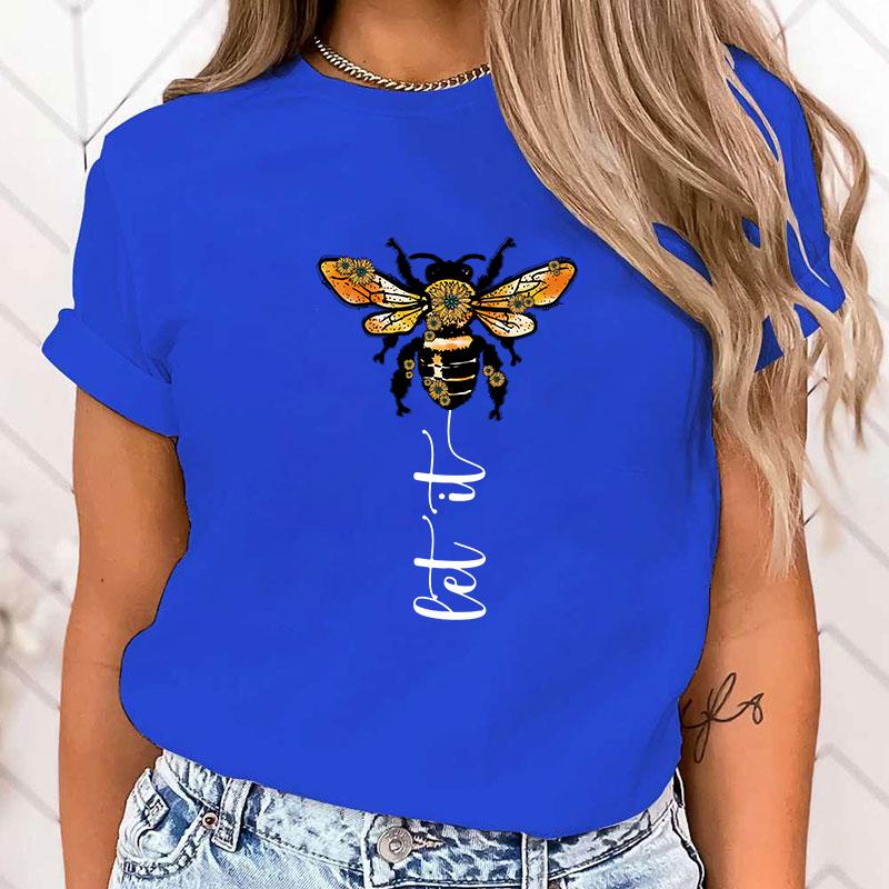 (High Quality T Shirt)Funny Bee Let It Print T-Shirts For Women Summer Round Neck Tee Shirt Femme Fashion Casual T-Shirts
