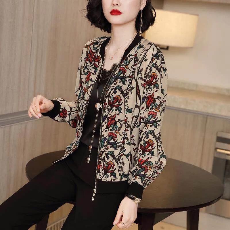 "Women's Summer Print Zip-Up Chiffon Cardigan: UV Protection & Cycling Sunscreen Top".