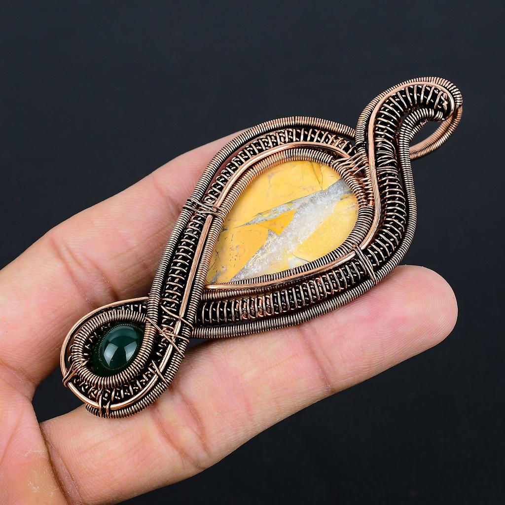 Natural Yellow Mookaite, Green Onyx Gemstone Copper Wire Wrap Pendant 3.94 P8l97