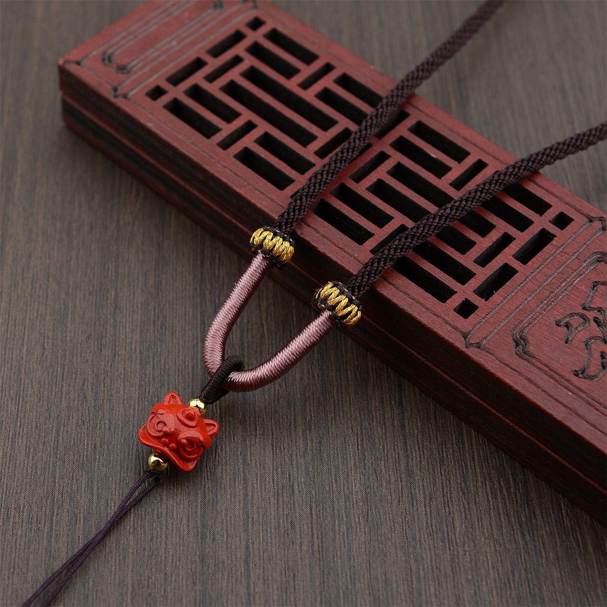 Hand-woven Cinnabar Lion Jade Pendant Necklace with Adjustable Cord