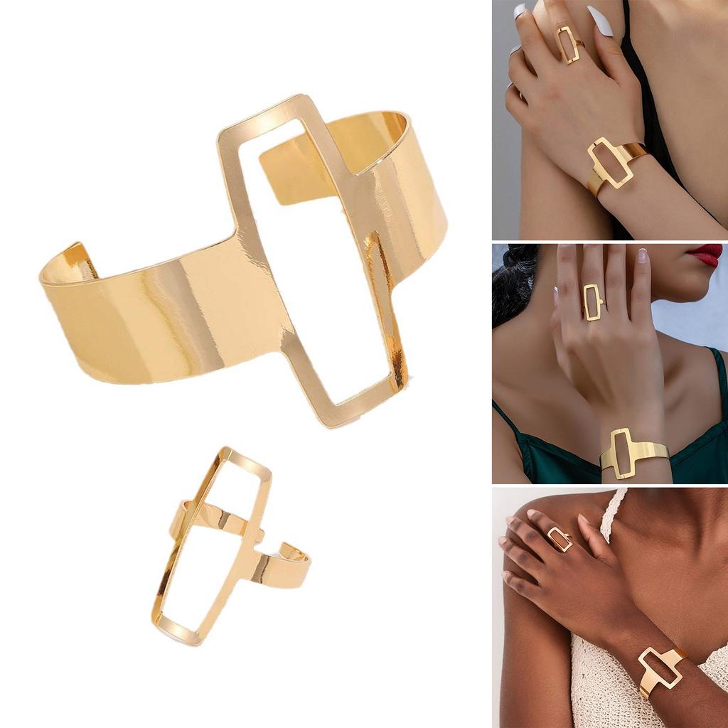 Geometric Open Cuff Bracelet and Ring Set Featuring Hollow Designs Adjustable Open Jewelry Present for Fashionable Women