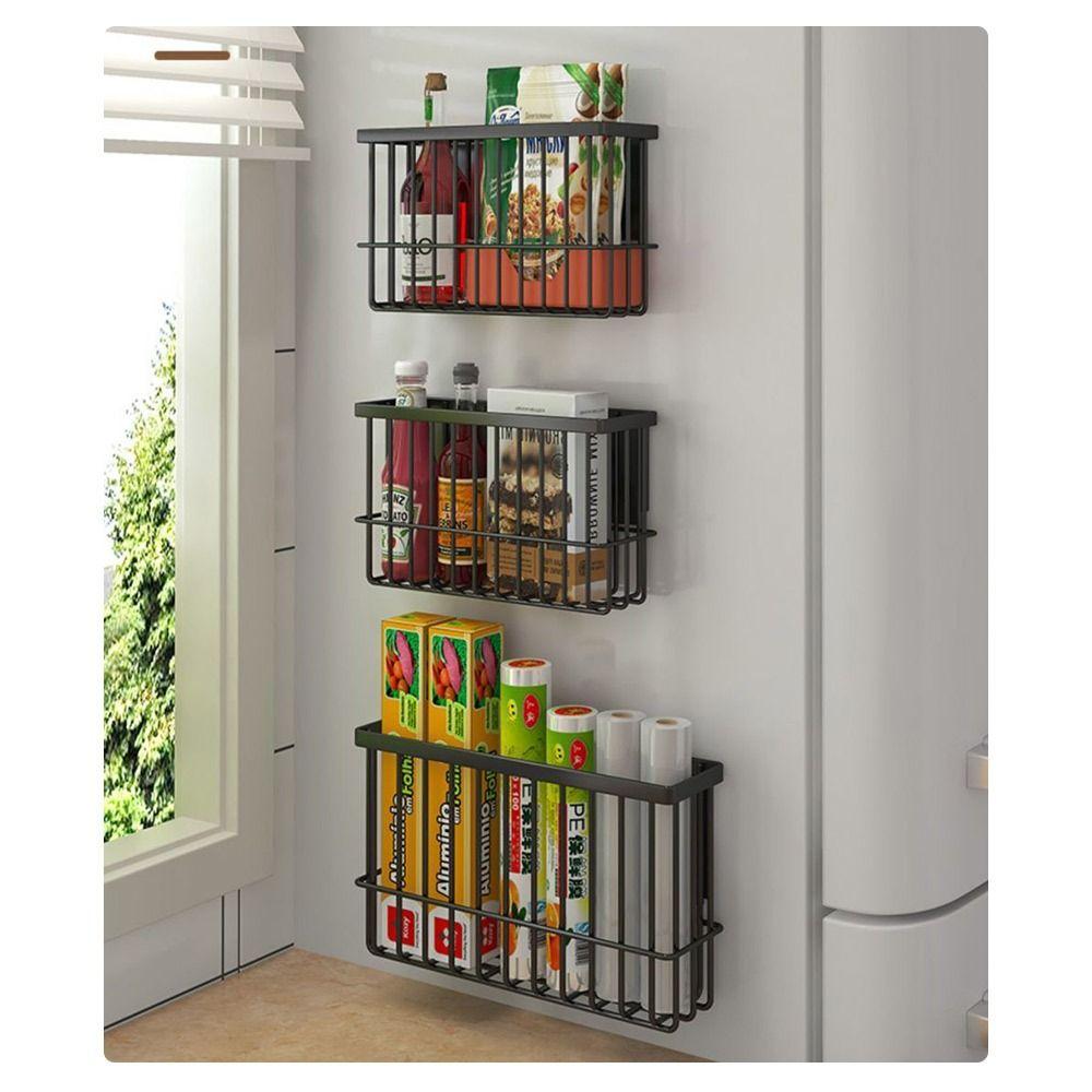 Wall Hanging Magnetic Storage Basket Refrigerator Side Storage Rack  Household Organization