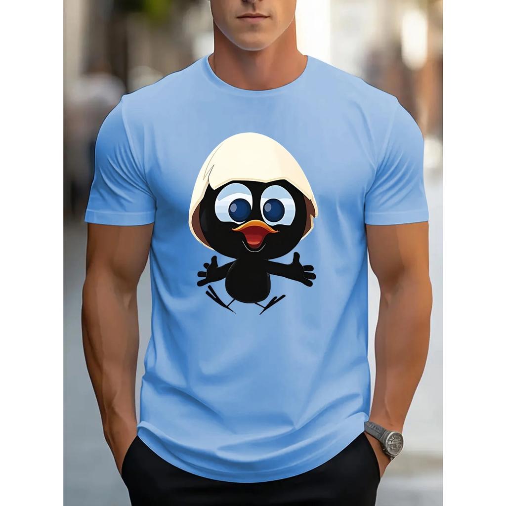 Men's Summer 100 Cotton Fashionable Casual Sports Loose and Interesting Cartoon Penguin Pattern Printed Round Neck Short Sleeved T-shirt