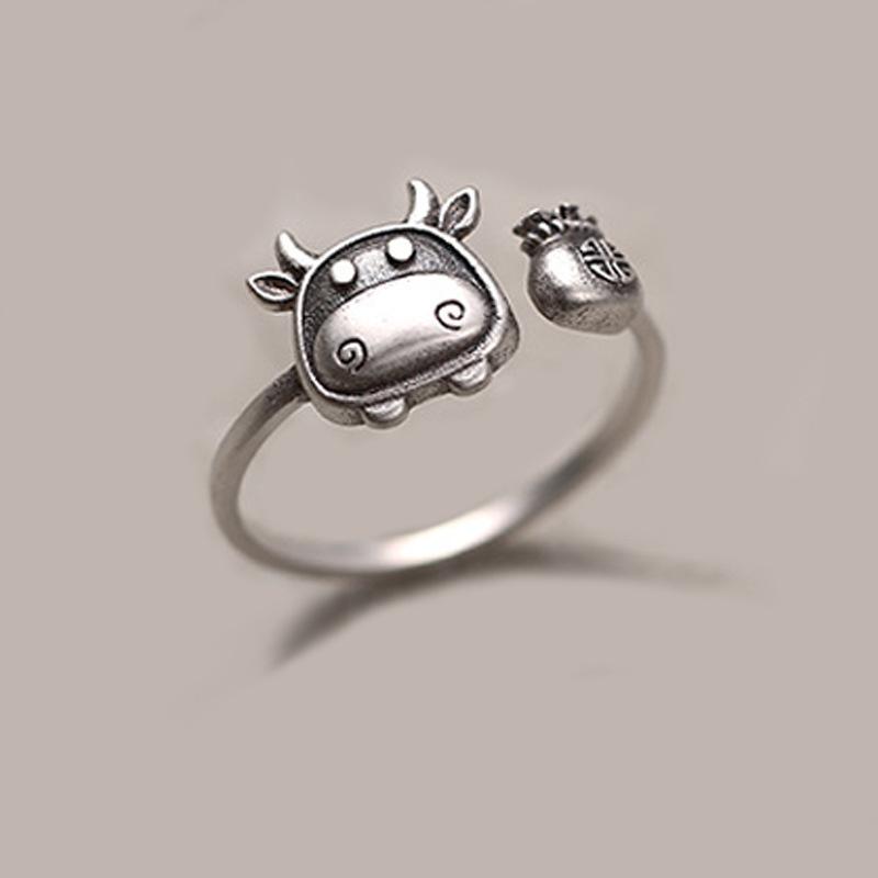Fortune Twelve Zodiac Ox Ring Hollow Coin Zodiac Year of the Ox Small Fortune Ox Money Bag Ring for Women