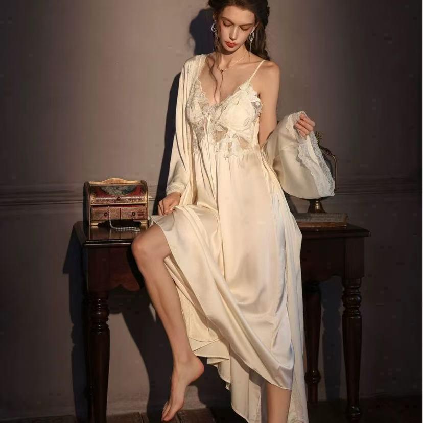 French Romantic Lace Nightgown & Silk Robe Set - High-End Elegant Homewear