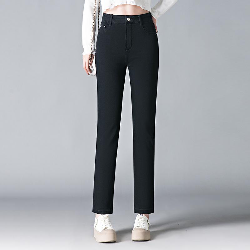 

Женские зауженные черные джинсы-сигареты с высокой посадкой - Универсальные повседневные брюки прямого кроя S [80-95 lbs] чёрный