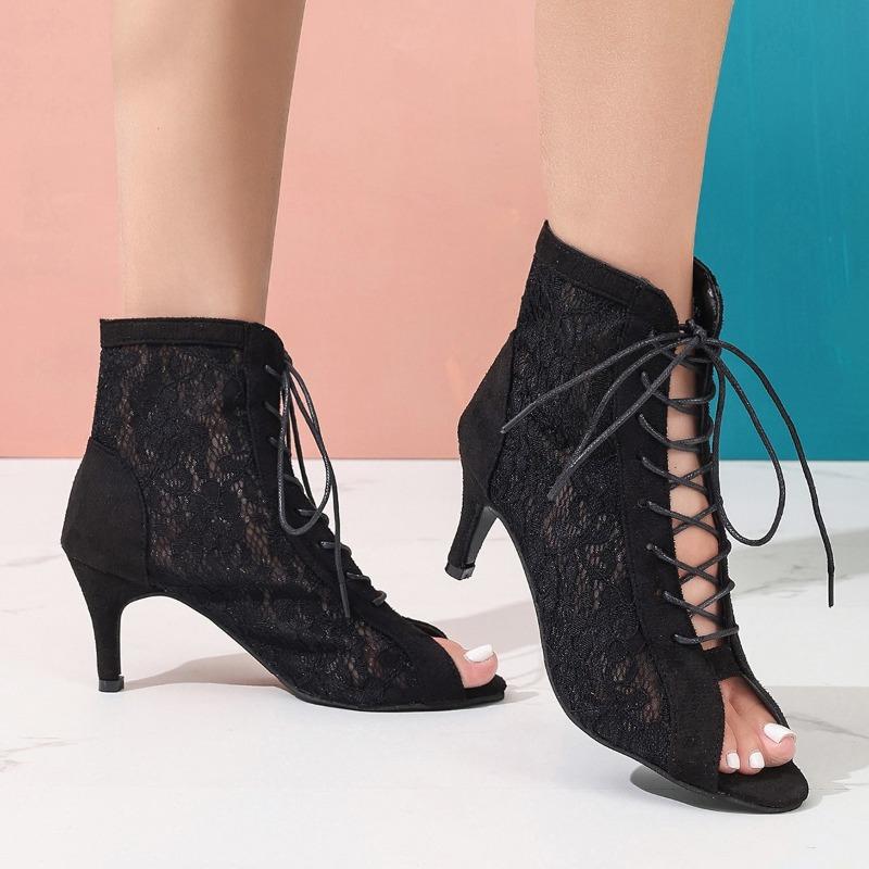 Fish Mouth Stiletto Sandals Summer Open Toe Mesh Breathable Lace-Up Plus Size Non-Slip Wear-Resistant Pumps