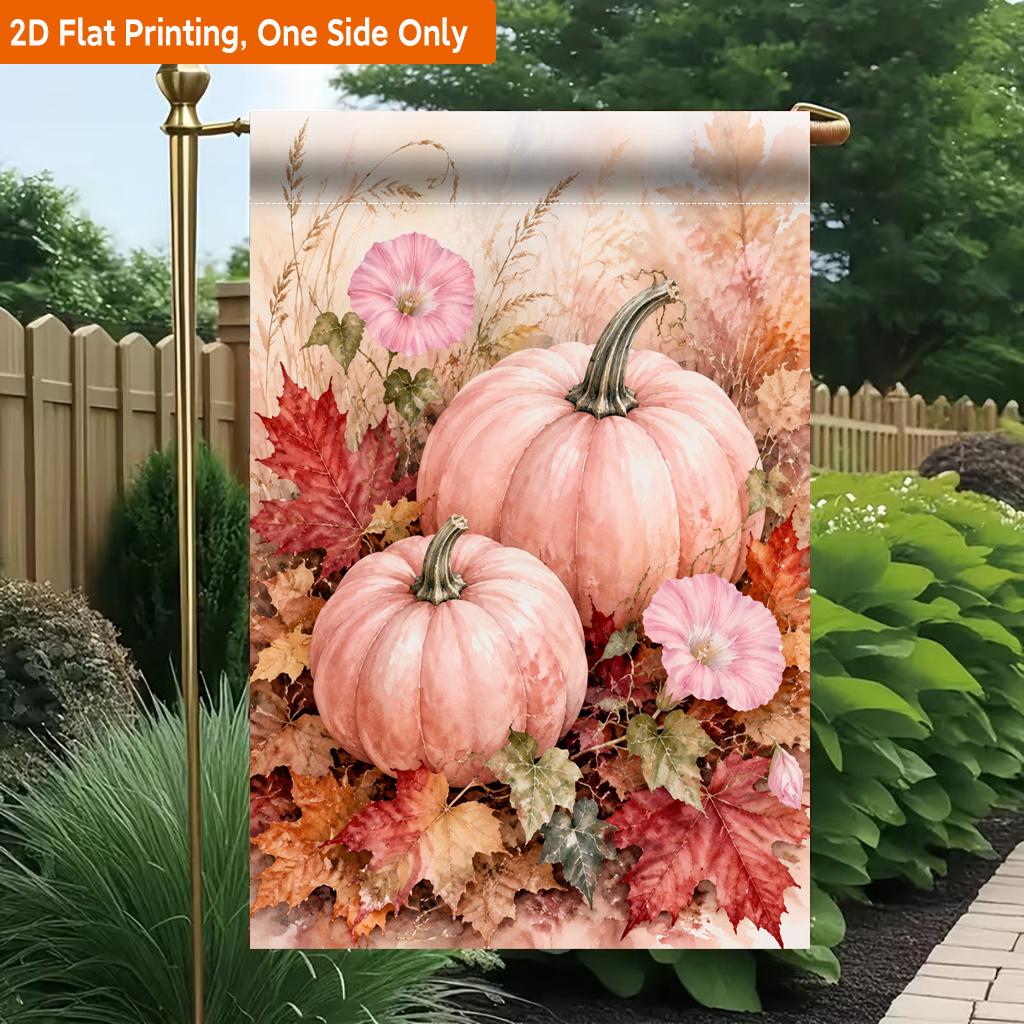 2D Flat, 2D Flat Printing Garden Flag 1pc, Pink Pumpkins Leaves Flowers Durable Single-Sided Print Yard Flag, Garden & Home Holiday Decoration, 29.97x