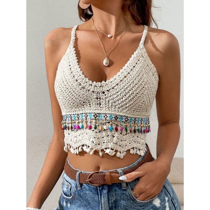 Small Summer Fashion U-Collar Multicolored Tassel Dangling Beads Hand Crocheted Hollow Camisole Short Tops