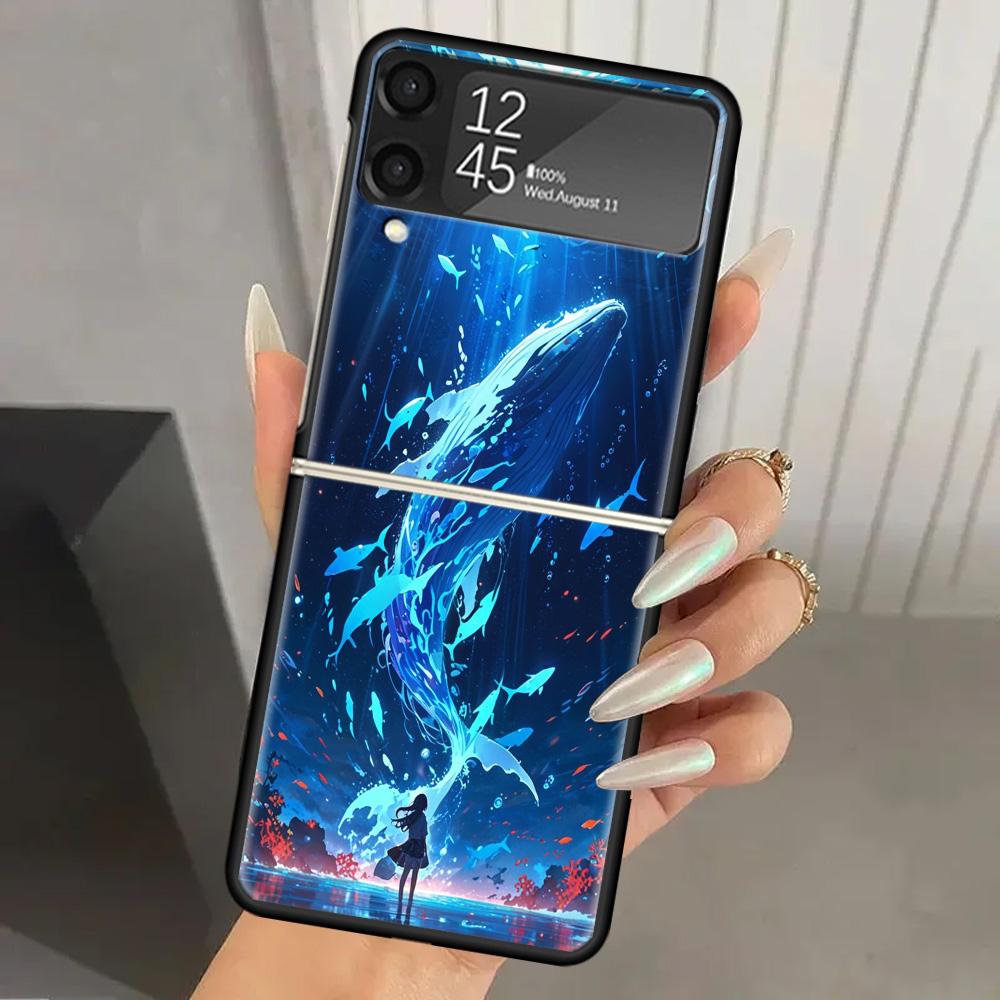 Humpback Whale Sea Giant Hard PC Phone Case For Samsung Galaxy Z Flip 7 6 5 4 3 Black ZFlip7 ZFlip6 Flip5 Flip4 Flip3 5G Print C