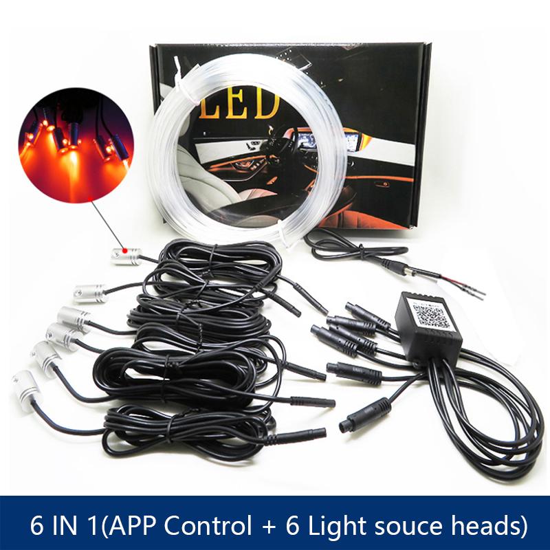 6 in 1 LED Atmosphere Car Light RGB Flexible Decorative Lamp 8M Interior Ambient Light by App Control Fiber Optic Strips Light