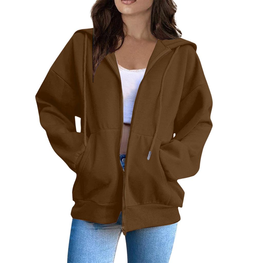 Women's Oversized Zip Up Hoodie Jacket with Pockets, Casual Long Sleeve Drawstring Hooded Sweatshirt for Fall Winter