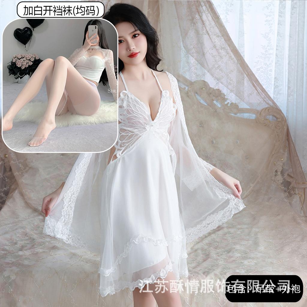 Sexy Underwear Big Butterfly Pure Desire Mesh Pajamas Plus Chest Pads Gather Nightgown Robe Women's Loungewear Set