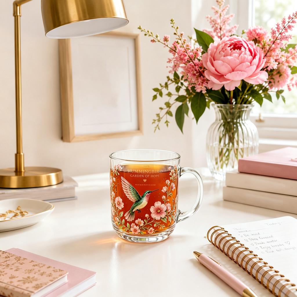 Glass Mug with Hummingbird and Floral Garden of Hope Design Large Capacity Durable Handle for Hot or Cold Beverages Home Office Use
