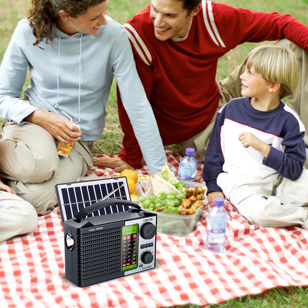Solar Radio Portable FM AM SW Full Band Radio with LED Light Bluetooth Music Player Emergency Radio Support TF Card U Disk