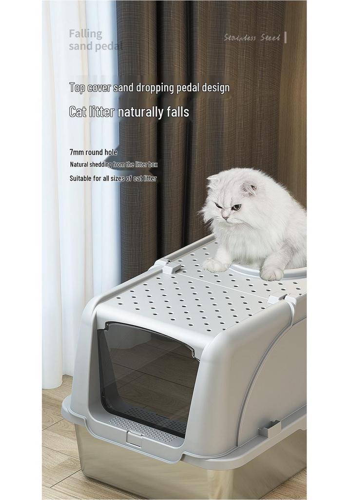Meow & Cross-Border Stainless Steel Cat Litter Box with Flip Lid, Anti-Splash Design with Raised Edge, and Non-Stick Base.