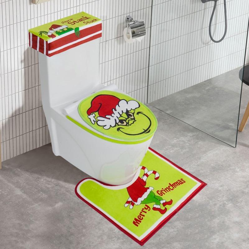 New Christmas Toilet Cover Christmas Decoration Set Grinch Seat Cushion Toilet Seat and Foot Pad Four-piece Set