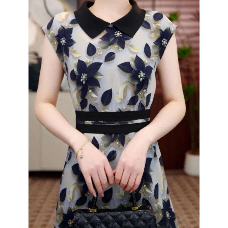 

Женское платье без рукавов с воротником, цветочный узор, жемчуг, повседневное, свободный крой, летняя мода XL чёрный