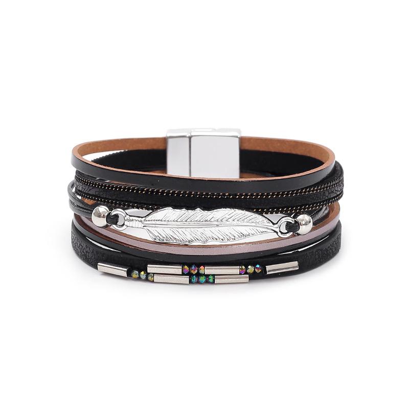 Bohemian Style Multi-layer PU Leather Bracelet Women's Leaf Magnet Buckle Jewelry Accessories