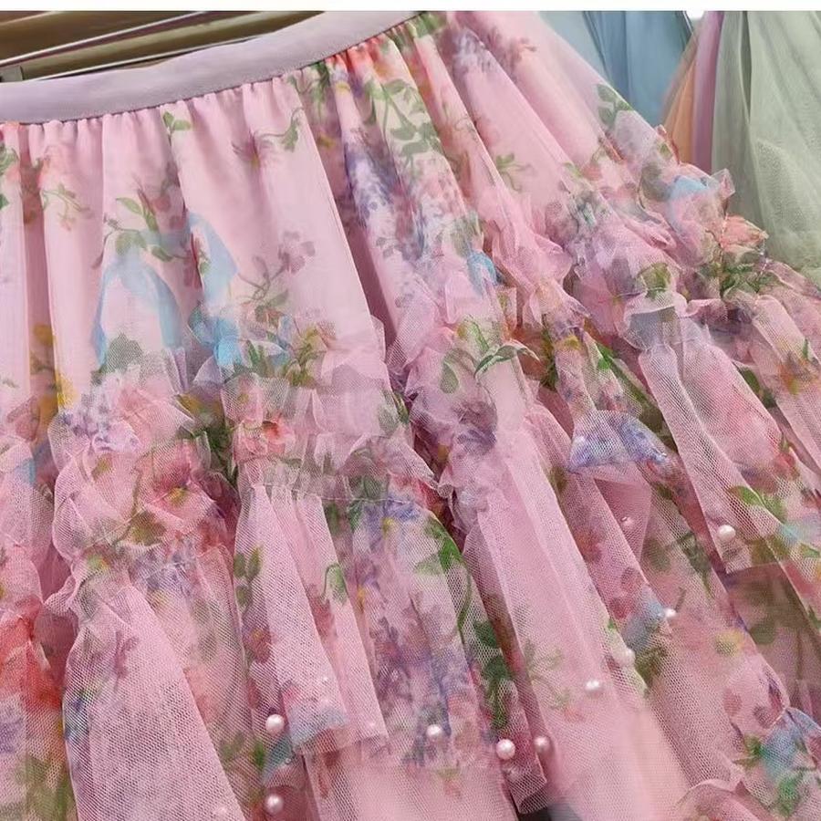 Reinforcement Nail Pearl Patchwork Printed Mesh Cake Dress Half Skirt for Girls New Hollow Out Long Dress