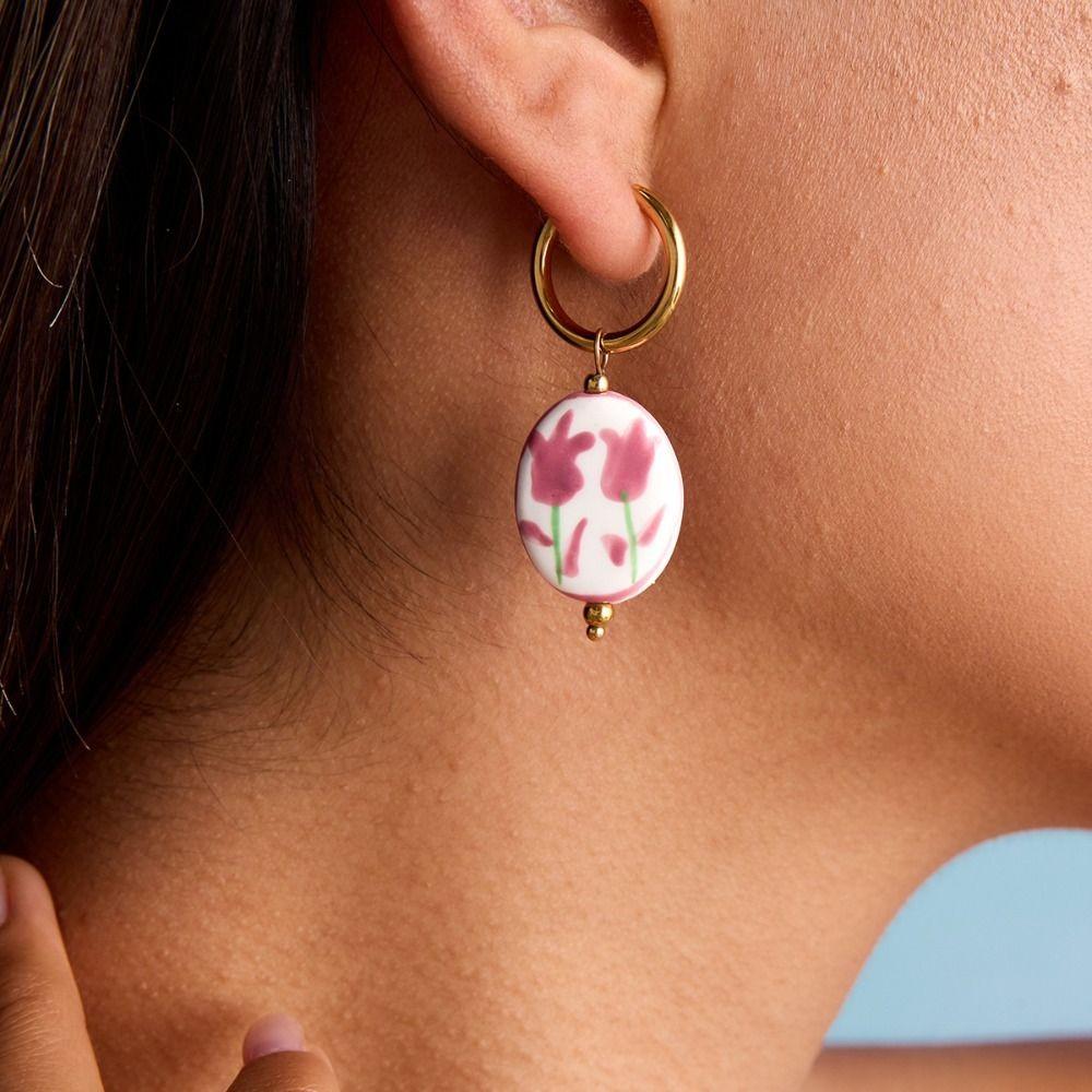 Stainless Steel Blue and White Porcelain Earrings Chinese Style Gold Hoop Earrings  Lady