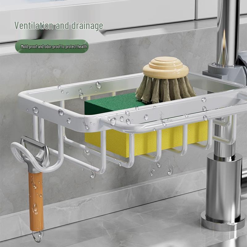 Stainless Steel Kitchen Faucet Organizer & Drain Rack for Dishcloths, Sponges, Brushes - No Drilling Needed