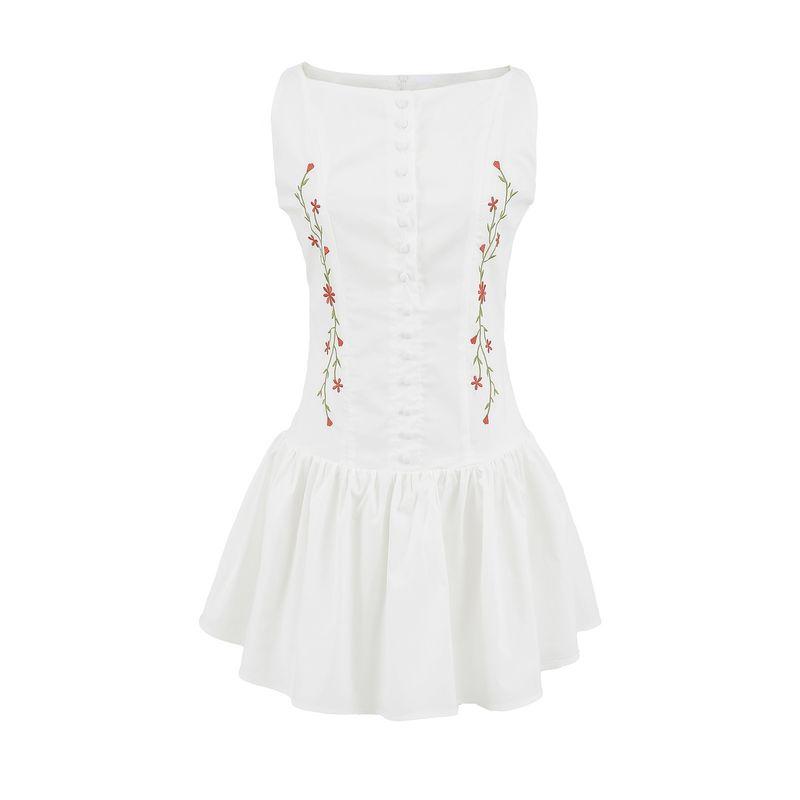 

Oriental Romantic Vietnam Design French style Chic Style Elegant Embroidered Breasted Waist Hugging Sleeveless Short Dress White Embroider L