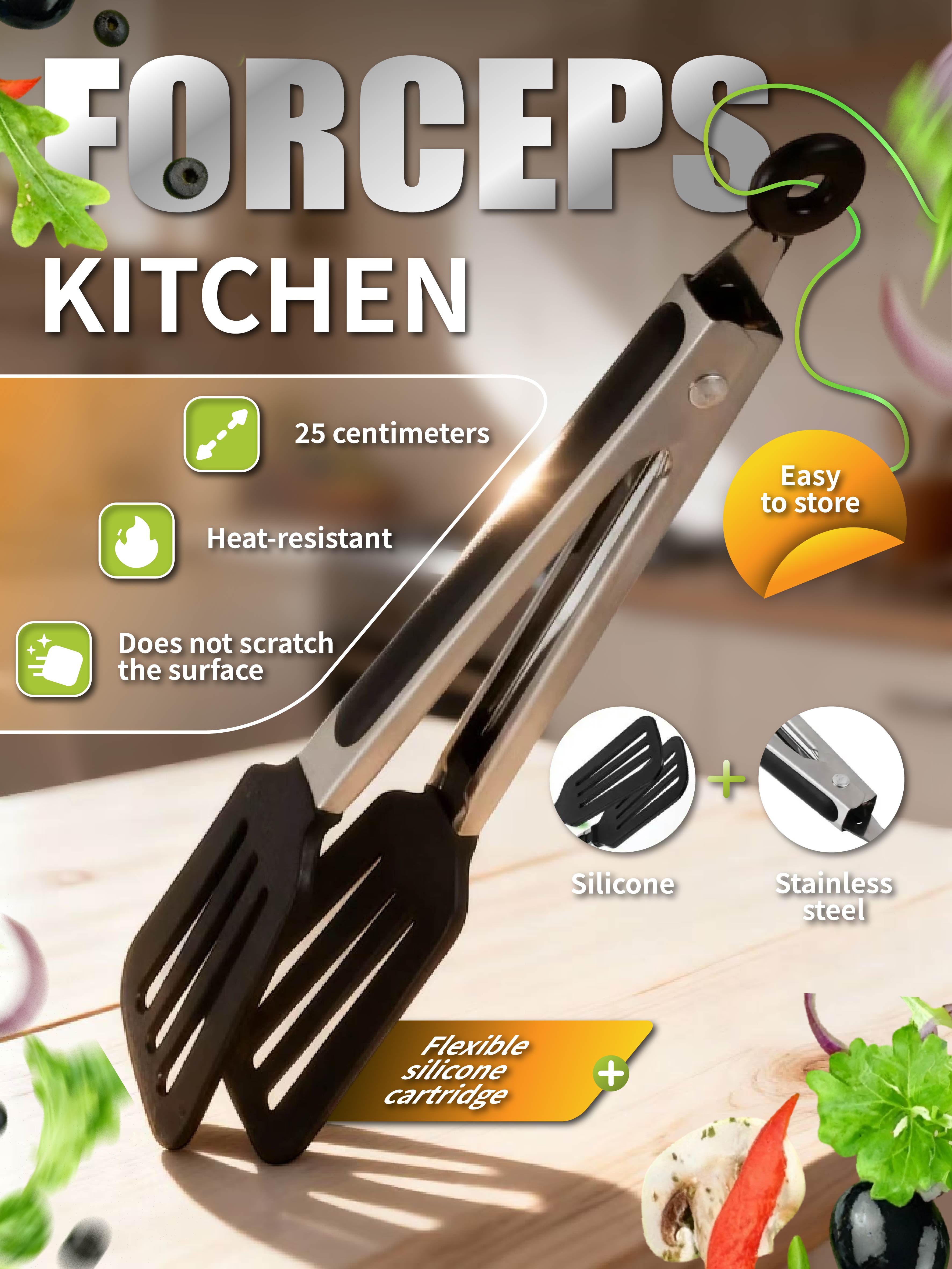 

25cm Kitchen Forceps - Heat-Resistant Silicone & Stainless Steel Food Tongs (Scratch-Free)
