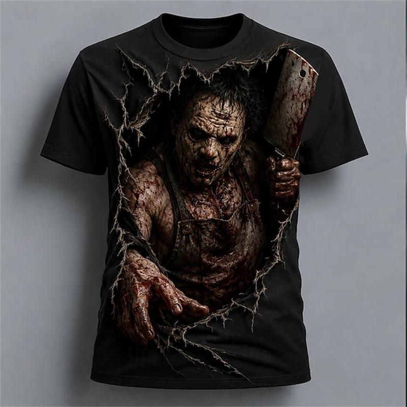 New Men's Halloween Crew-Neck Short-Sleeve T-Shirt Grim Reaper Scythe and Skeleton Print Crew-Neck Short-Sleeve Men's Top