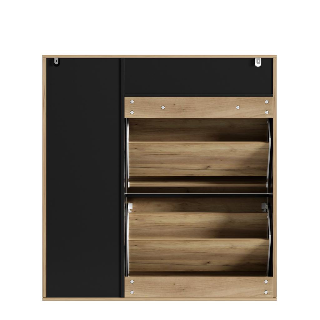 Shoe Cabinet with 2 Flaps & 1 Door – Narrow Shoe Tilt Cabinet, Open Compartments & Adjustable Shelves, Space-Saving, Wood Look/Black, 90x24x94 Cm