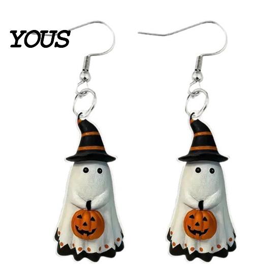 Witch Hat Earrings Cute Ghost Earrings, with Pumpkin Wizard Decor, Smooth Edge Halloween Drop Lightweight Acrylic Pendant Party Soft Painting