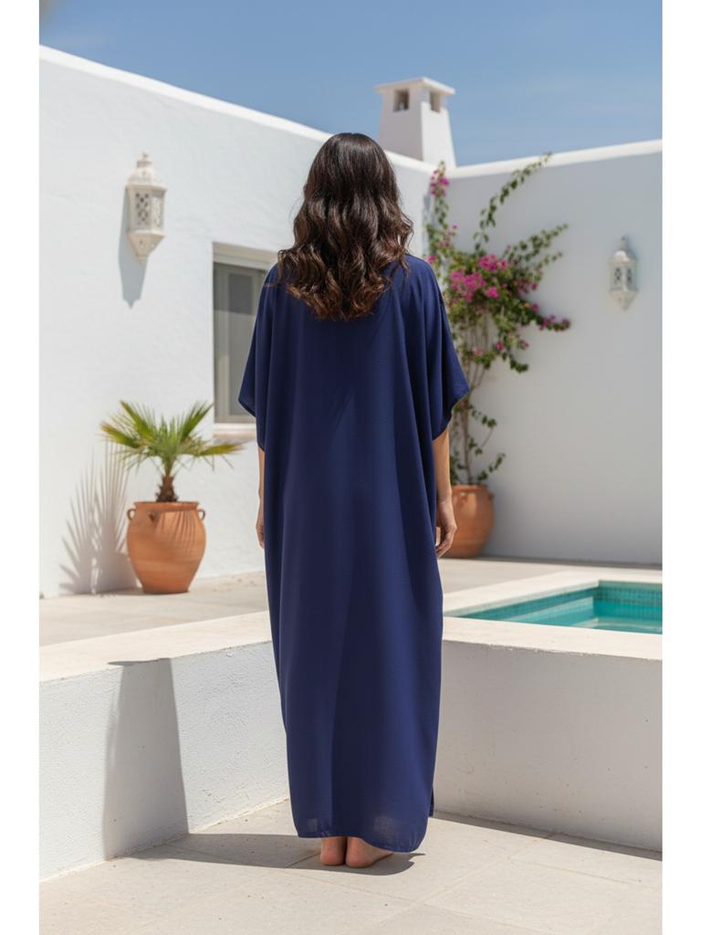 Womens Boho Embroidered V Neck Kaftan Dress Loose Fit Elegant Loungewear Beach Cover Up for Summer Resort Wear Q1545-23001