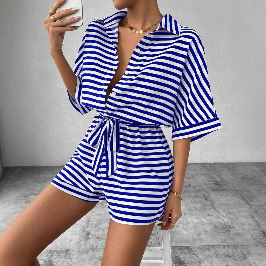 Summer Jumpsuit for Women's Casual Loose Comfortable Outfit Striped Batwing Sleeve Shirt Top+ Shorts Jumpsuit Woman