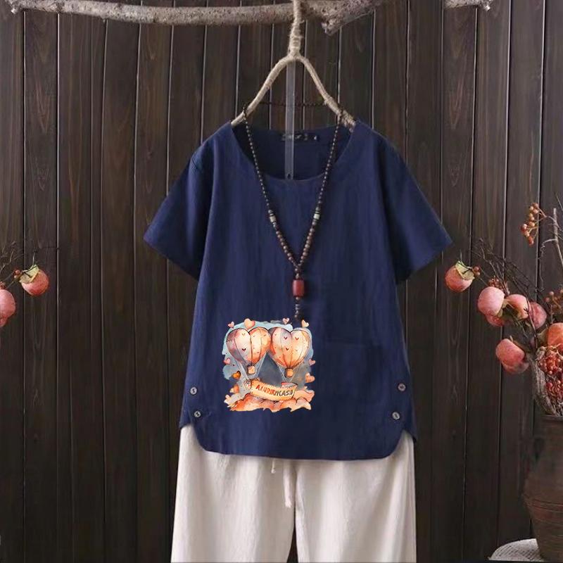 

Футболка женская из хлопка и конопли с V-образным вырезом и принтом Nordic Balloon Series 2025 года — повседневная и шикарная 4XL темно-синий