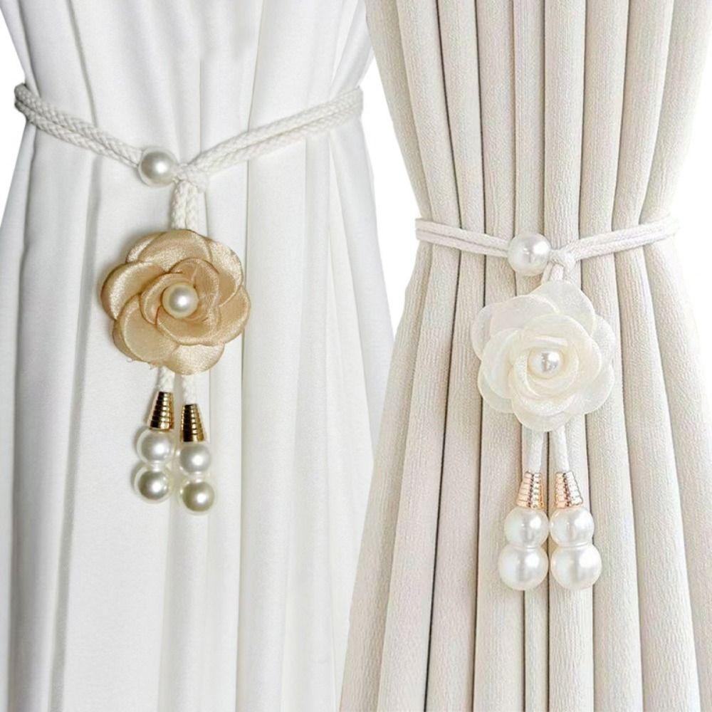 2PCS Adjustable Pearl Curtain Buckle Elegant Curtains Tie Rope Camellia Curtain Tieback  Living Room