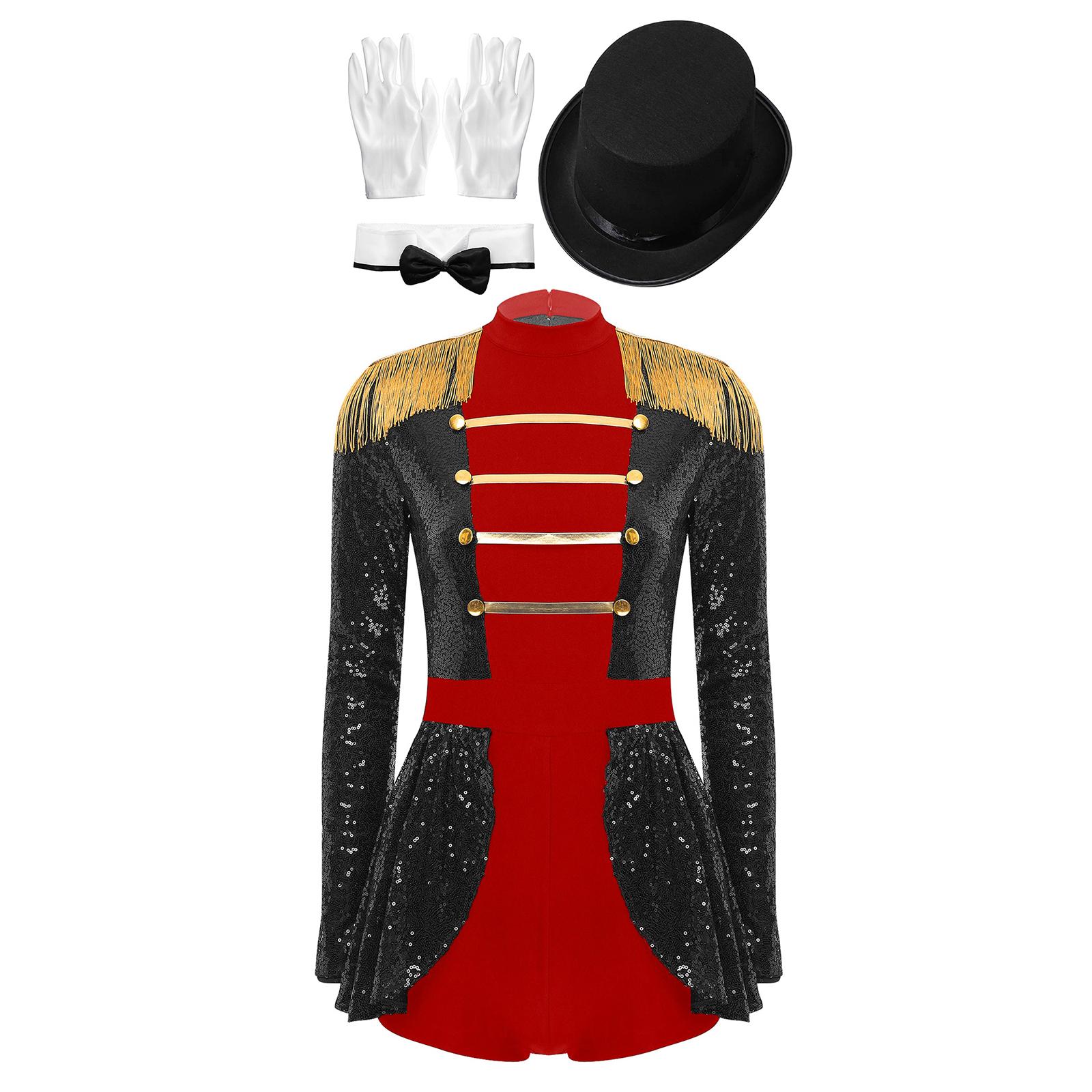 

Womens Circus Ringmaster Costume Sequin Bodysuit with Top Hat Bow Collar and Gloves Halloween Set 3XL чорний