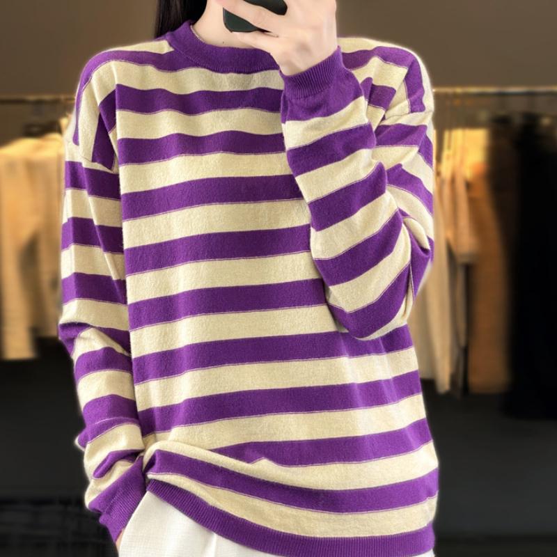 Autumn and Winter Striped Round Neck Sweater for Women Andy Velvet Drop Rotator Sleeve Base Shirt Loose Versatile Pullover Long Sleeve Top