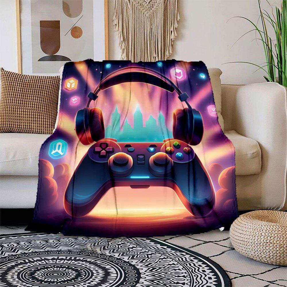 

Vibrant Gaming Controller with Headphones - Neon Lights Design Blanket Flannel Throw Blanket for Sofa, Bed, Travel, Camping, Office, Couch, 150x180cm