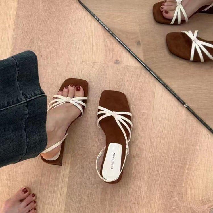 Sheepskin Version~ French Temperament One-word Thin Strap Wedge Sandals Women's Head with Skirt Open-toed High-heeled Roman Sandals