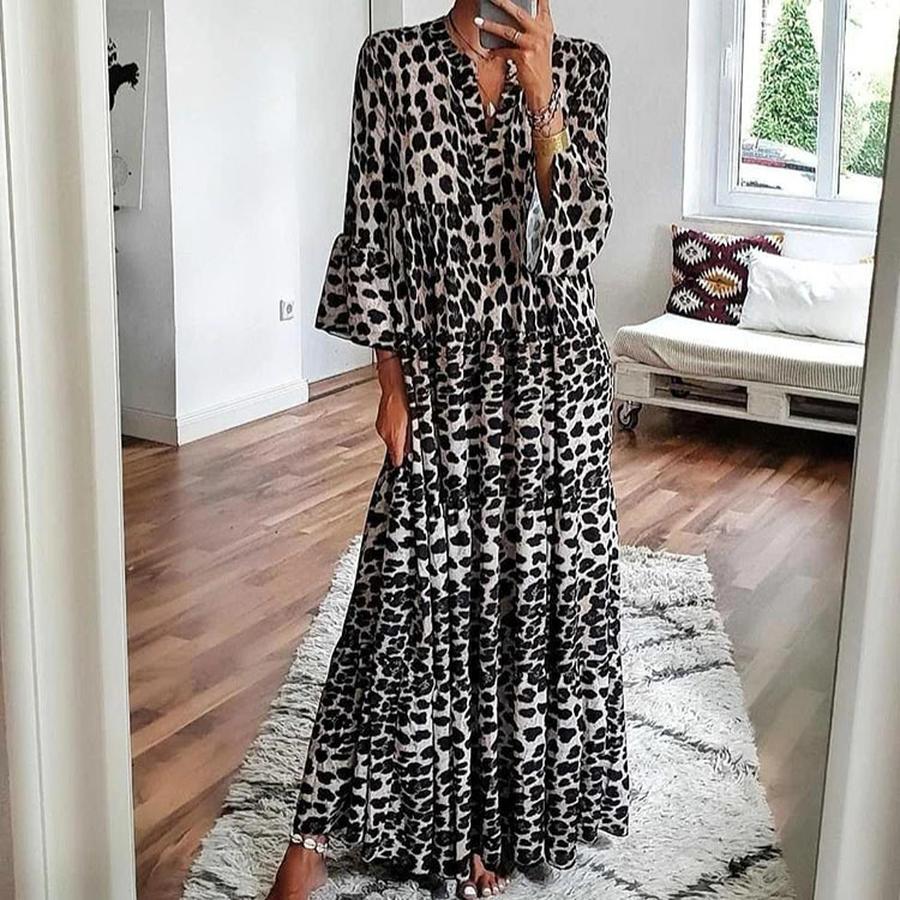 New Leopard Print Dress Bohemian Long Dress Ready Stock